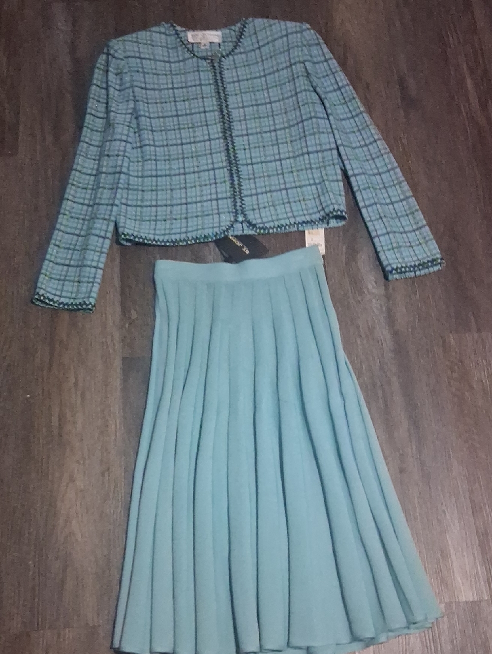 St. John Light Blue Tweed Jacket And Shirt  with Navy & Green Accents